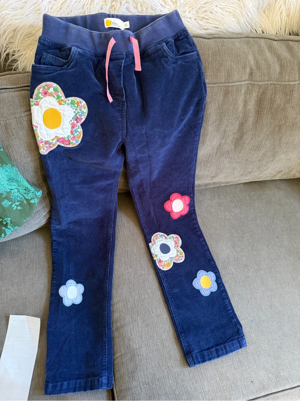 Rare Boden Navy Corduroy Jeans with Floral Appliqués and Pink Drawstring size 12